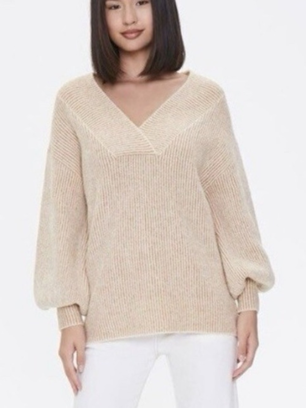 Forever 21 Rib Knit Surplice Slouchy Tan Sweater Top